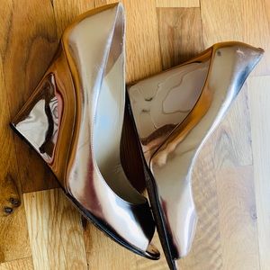 Jimmy Choo Metallic Rose Gold Peep Toe Wedge